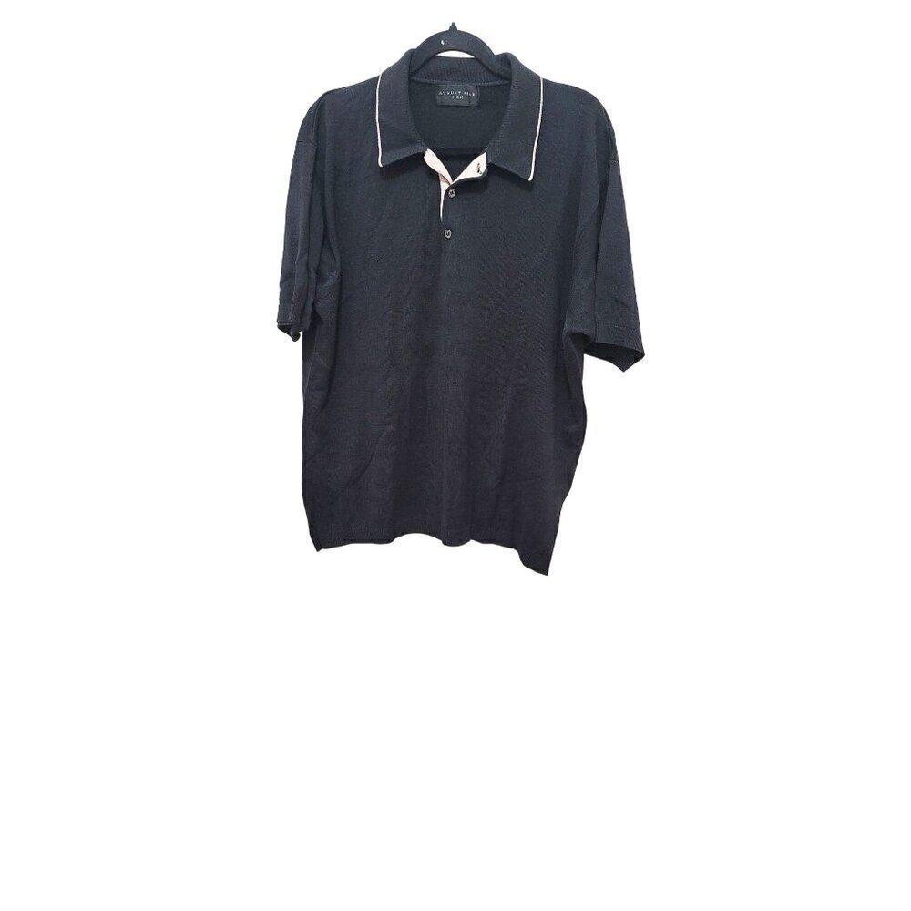 August Silk Men L Knit Polo Shirt Black Tan Trim Short Sleeve Preppy Grunge Beac